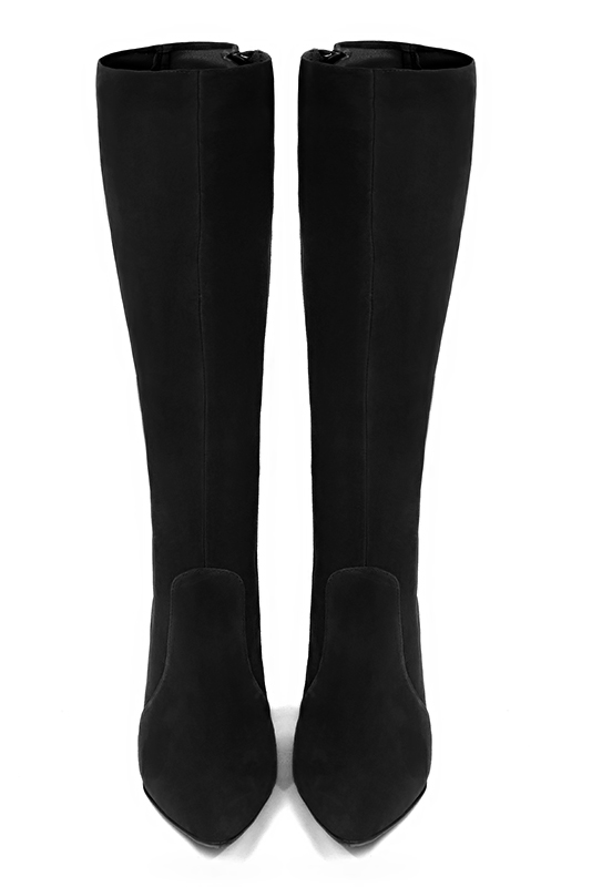 Matt black women's feminine knee-high boots. Tapered toe. Very high slim heel. Made to measure. Top view - Florence KOOIJMAN